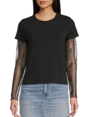 Dillards Black Short-Sleeve Tee with Sheer Polka Dot bow Long Sleeves